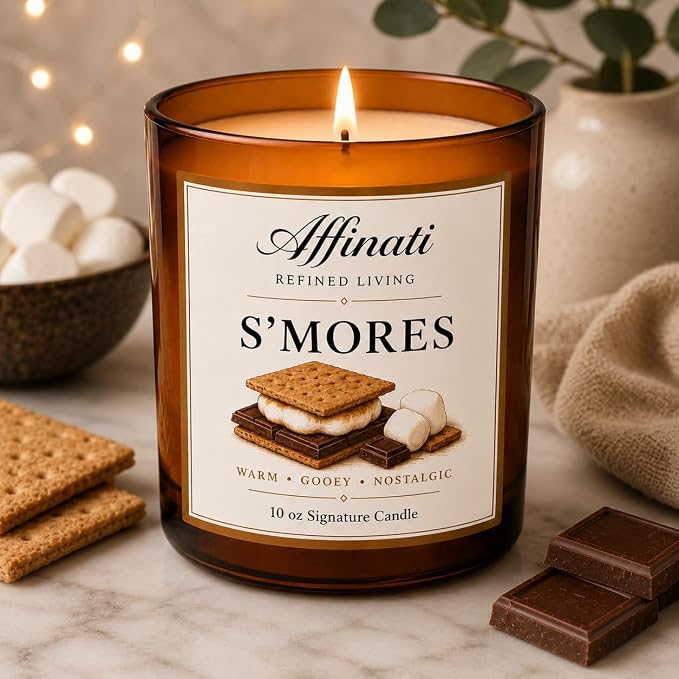 Affinati S'Mores 10 oz Scented Candle – Long Lasting Luxury Soy Blend Candle for Home, Strong Scent Throw Sweet Graham Cracker Chocolate Marshmallow Candle, Premium Home Fragrance Gift