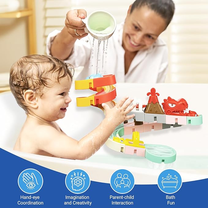 Dinosaur Slide Toys, Toddler Bath Toys for Kids Ages 4-8, DIY Building Kit for Ages 5-7, Bathtub Time Birthday Gifts for Toddler 3 + Year Old (36 PCS)