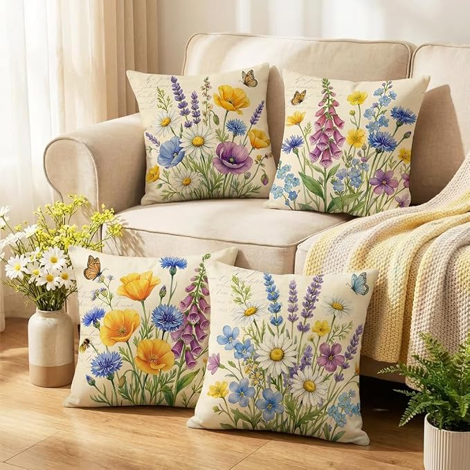 wyooxoo Throw Pillow Covers 20x20 Set of 4 Spring Pillow Covers Linen Flower Farmhouse Cushion Case for Sofa Couch Living Room Outdoor Home Decor