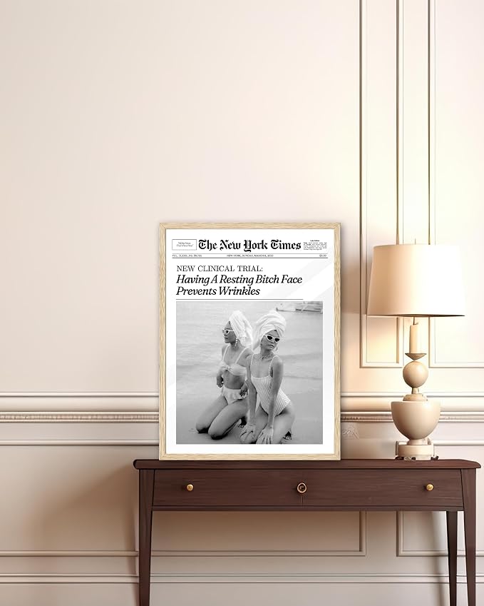 iHery 12x16in Funny Beach Girls Framed Newspaper Wall Art | Natural OAK Wood Frame with Canvas Print, Retro Magazine Decor for Bathroom, Bedroom, Girl Dorm, Living Room 1Pack