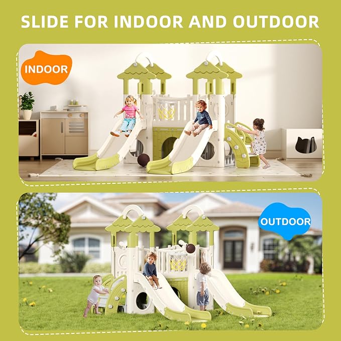 XJD 10 in 1 Toddler Slide, Jungle Double Slide Playset with Basketball Hoop, Tunnel and Storage Space, Outdoor Indoor Slide for Toddlers Age 1+,Tree House Design Toddlers Outdoor Playground (Green)