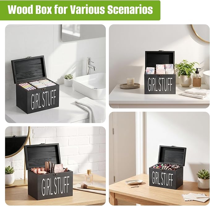 Wood Tampon Holder Box with Lid, Feminine Product Organizer, Girl Stuff Box for Bathroom & Vanity Counter, Tampon Storage, Bathroom Period Products, Toilet Organizer, Ideal Gift for Girl