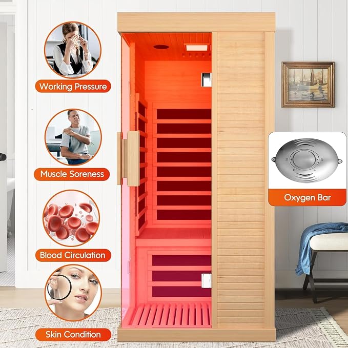Infrared Sauna 1 Person Far Infrared Home Sauna for Men Women Elder | Canadian Hemlock Wood Low EMF Dry Sauna with Speakers Oxygen Bar 7 Color Light 1420W Fast Heating Easy Assembly 33.5x33.5x69"