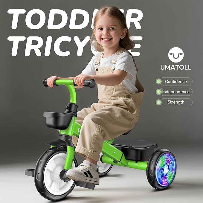Umatoll Tricycle for Toddlers 2-5 Year Old, Ajustable Toddler Bike Outdoor Toys, Birthday Gift for Boy Girl Age 2-4, Trike with Light up Wheels (Green)