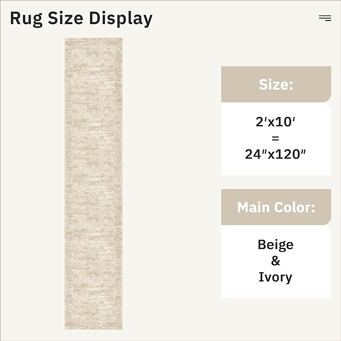Soalmost Runner Rug 2x10 Washable Non-Slip Hallway Kitchen Runners Beige | Stain Resistant Vintage Rugs for Bathroom Laundry Room, Low Pile Foldable Floor Carpet Mat for Entryway Corridor Bedroom