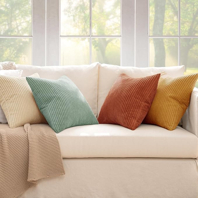 MIULEE Soft Corduroy Decorative Throw Pillow Covers Teal-Rust 16x16 | Set of 4, Mordern Rustic Home Decor, Retro Vintage Set, Boho Farmhouse Cushion Covers for Couch Bed Sofa Living Room
