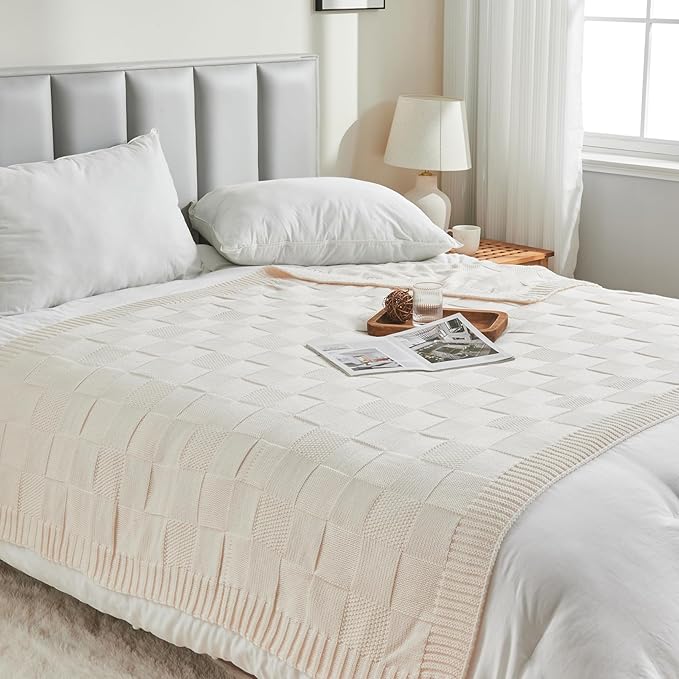 CozeCube Cream White Knitted Checkered Throw Blanket 60"X80" | Check Knit Throw for Couch, Decorative Christmas Soft Cozy Warm Blanket for Bed Sofa Living Room