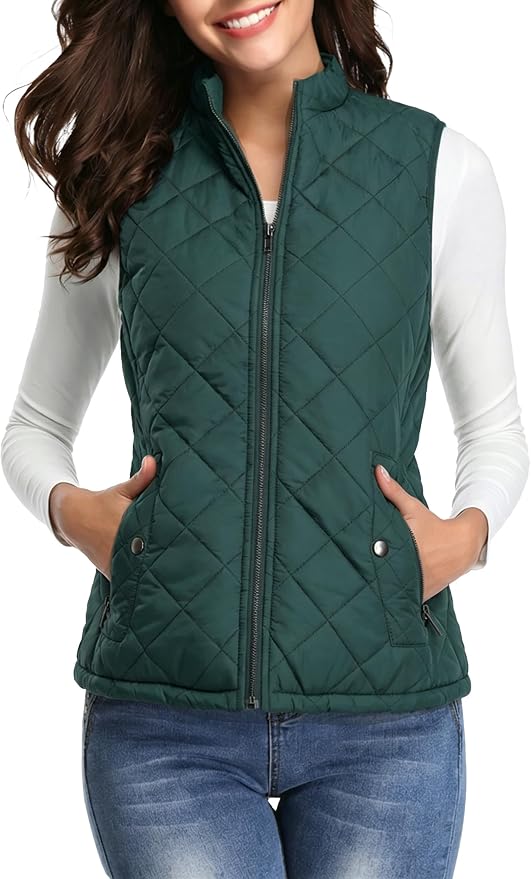 Fuinloth Women's Quilted Vest Lightweight Puffer Stand Collar Zip Gilet | 4 pockets with 2 inner storage. Quilted padded warm gilet. Fall winter outerwear layering vest for travel hiking daily wear.