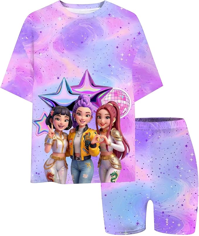 K-POP DEM0N Hunters Outfits for Girls, 2 Piece T-Shirts and Apparel Sets Birthday Gift