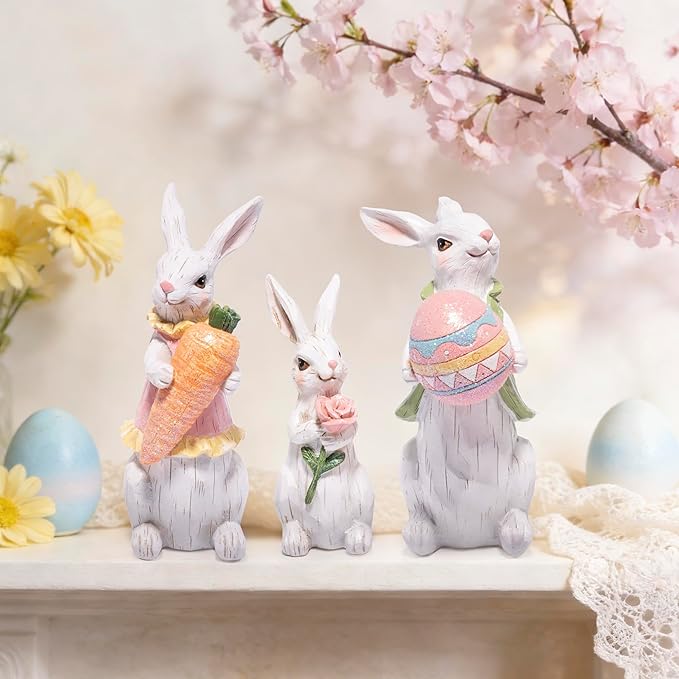 Hodao Easter Bunny Family Figurines, Hand-Painted Resin Rabbit Decor Set with Carrot, Flower & Easter Egg, Rustic Farmhouse Spring Tabletop Decorations, Cute for Home, Shelf, Mantel