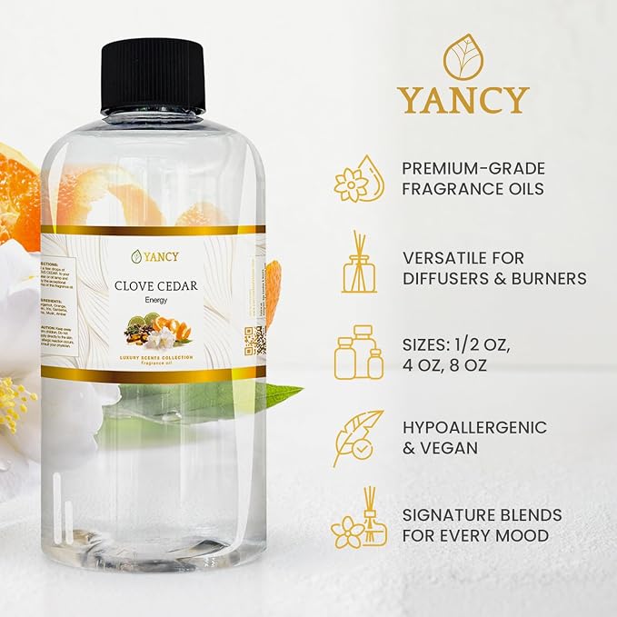 YANCY Clove Cedar Luxury Collection Fragrance Oil (8 oz), Earthy Clove and Cedarwood Aroma, Versatile Scent for Diffusers, Oil Burners & Aroma Lamps, Grounding Fragrance for Cozy Vibes