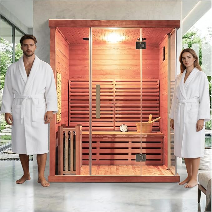 Smartmak Wood Home Traditional Steam Sauna, Wifi Control 4 Person Luxurious Indoor Canadian Red Cedar Wooden Spa Room, with 6 kw Heater, Backrest, Bluetooth Speaker, Rocks, Water Bucket, Spoon, Lights