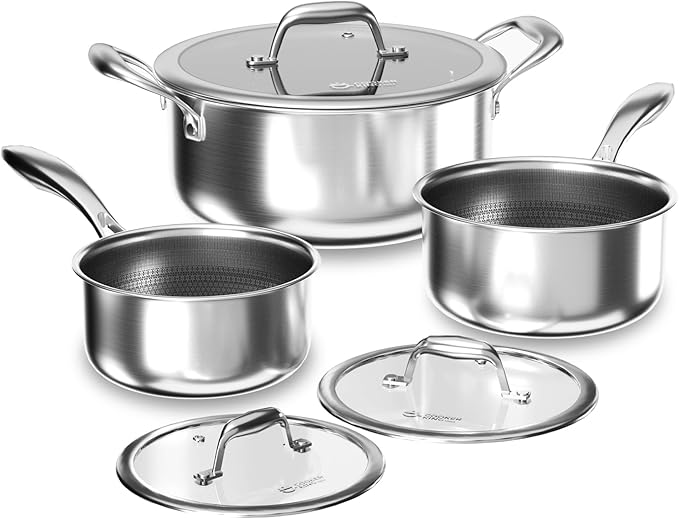 COOKER KING Hybrid Stainless Steel Pot Set, 1.5 & 2 & 5QT Pots with Lids | 6PCS, Non Stick, Non Toxic, Stay-Cool Handles, Induction Compatible, Oven and Dishwasher Safe