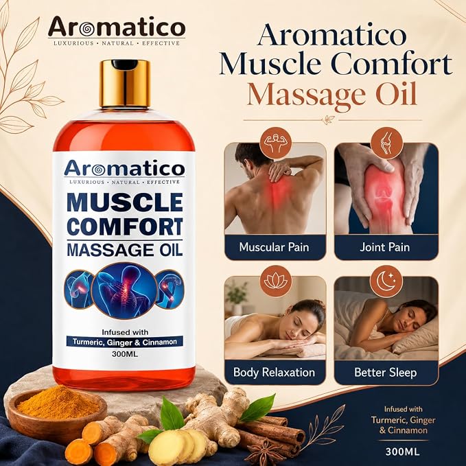 AROMATICO Muscle Comfort Deep Tissue Massage Oil - Herbal Massage Oil with Ginger, Turmeric & Clove for Joint Pain, Back Pain & Muscle Relaxing | 10 Fl Oz