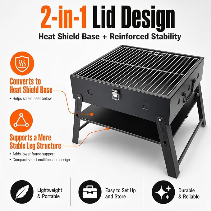 Portable BBQ Charcoal Camping Grill: Tabletop Folding Barbecue Grills | for Outdoor Cooking, Beach, Travel, Tailgates, Fathers Day Birthday Grilling Gift for Men Dad Husband
