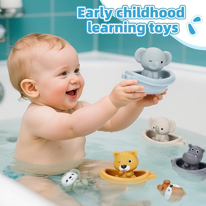 Bath Toys Float Boats for Kids Ages 18M+,Stackable Floaty Boat,Silicone Animal Finger Puppets,Toddler Toys Gifts for 2-4 Year Old Baby Gifts Valentines Easter Basket