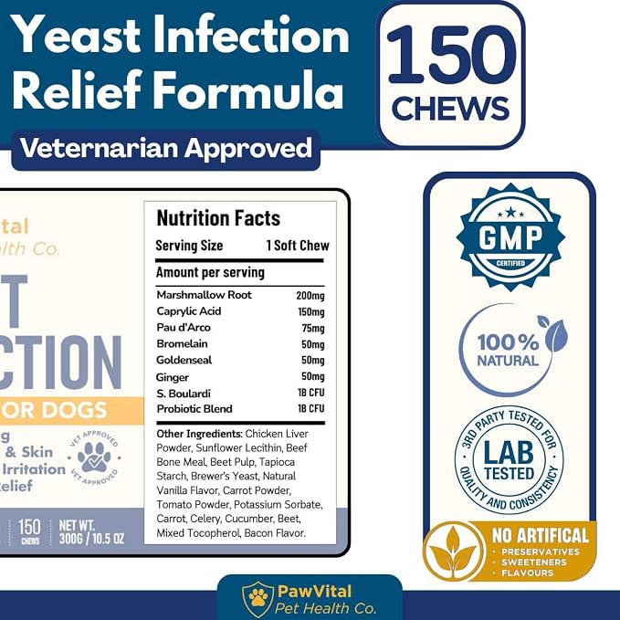 Natural Yeast Infection Treatment for Dogs, 150 Chews – Anti Yeast Support for Itchy Skin & Ears – Helps Reduce Irritation & Paw Licking – Probiotic + Herbal Blend – Bacon Flavored Soft Chews