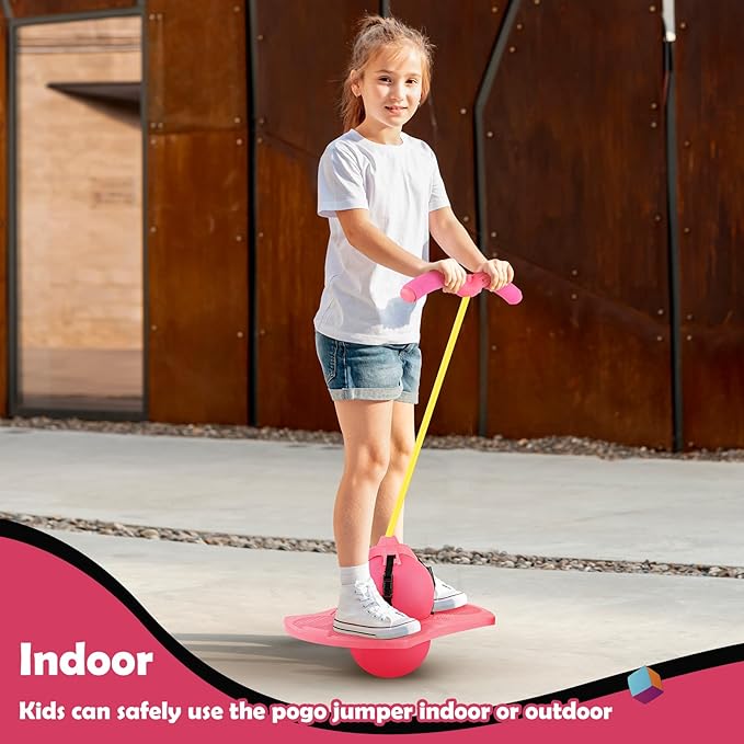 Pogo Jumper with Handle and Ball Pump, High Jump Toy Bounce Jump Trick Board Pogo Bouncing Ball Safe and Fun Pogo Stick for Kids Boys Girls and Adults (Pink)