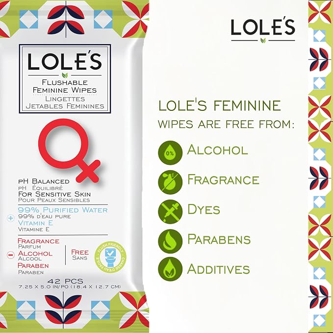 Lole's Flushable Feminine Wipes, Flushable Wipes for Women, Down There Wipes for Women, Sensitive Skin, Maintains Your Vaginal pH Balance, Gently Cleanses Ultra Soft Biodegradable 4x42 168 Count