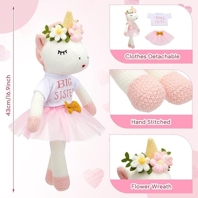 Big Sister Gift for Girls 17 Inches Unicorn Stuffed Plush Doll Short Sleeve Top and Pink Tutu Skirt Gifts for Girls Toddler