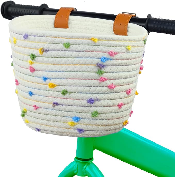 Kids Bike Basket for Boys and Girls, Children's Bicycle Basket Woven With Sisal Rope, Cute Decorative Accessories for Balance Bikes and Scooters