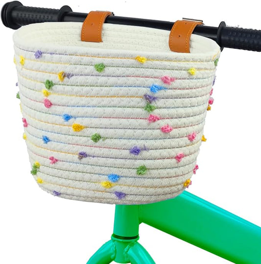 Kids Bike Basket for Boys and Girls, Children's Bicycle Basket Woven With Sisal Rope, Cute Decorative Accessories for Balance Bikes and Scooters