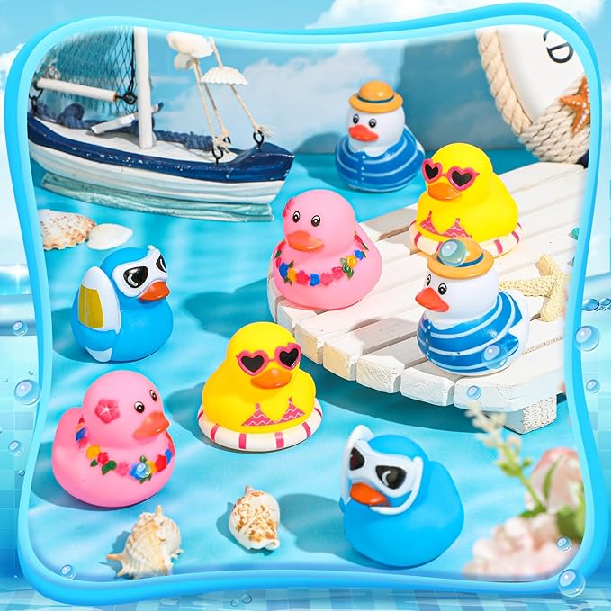 Honoson Summer Beach Rubber Duckies Bulk Mini Rubber Duck Bath Toys Float Bathtub Ducky Cute Squeaky Ducky for Classroom Carnival Summer Birthday Baby Shower Party Favor(4 Colors,36 Pcs)