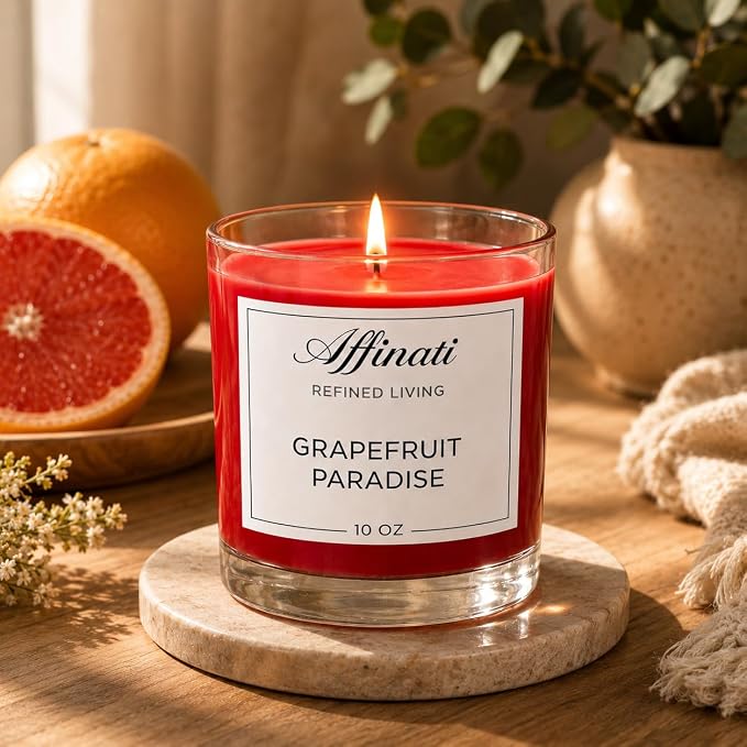 Grapefruit Paradise Affinati 10 oz Scented Candle for Home – Long Lasting Fruity Soy Blend Candle with Wooden Wick, Strong Scent Throw Glass Jar Candles, Premium Clean Burning Aromatherapy Gifts