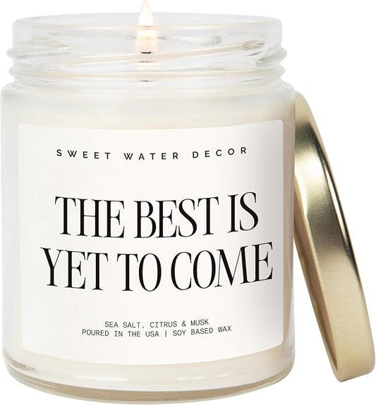 Sweet Water Decor The Best Is Yet To Come, Sea Salt Citrus Musk Amber Scent, 9oz Soy Candle, Gold Lid, Non-Toxic, Gift for Engagement, Graduation, Retirement, Wedding, Bridal Party, 40+ Hour Burn Time