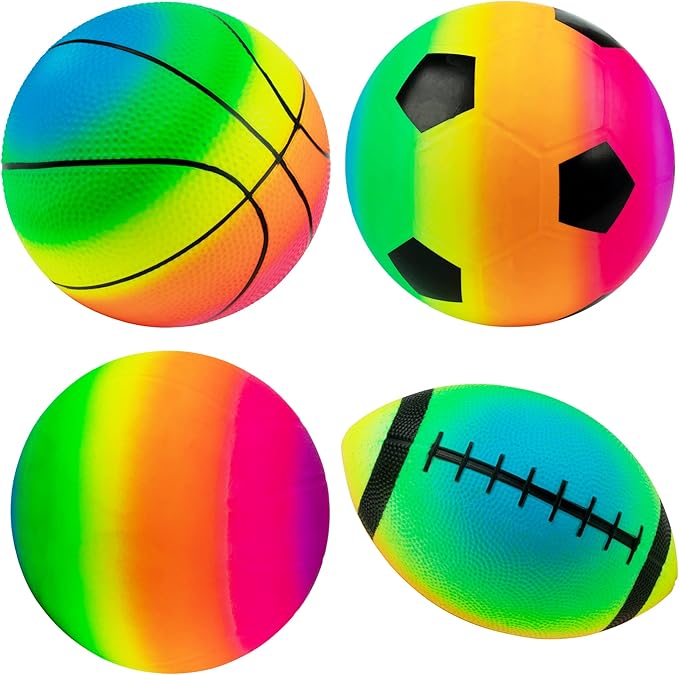 Rainbow Sports Balls Pack of 4, 1 Each of 8.5" Football, Basketball, Soccer and Volleyball for Playground, Inflatable Multi-Sport Ball Set with 1 Pump for Kids Outdoor Activities