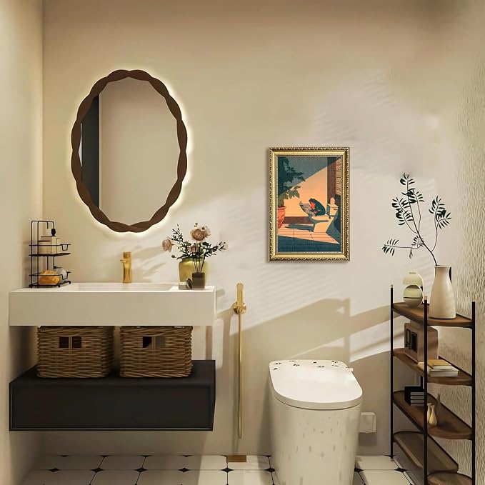 Funny Frog Bathroom Wall Art, Cute Japanese Frog in Toilet Wall Decor, Whimsical Green Animal Restroom Poster Canvas Painting Prints Artwork 12x16 inch Gold Framed