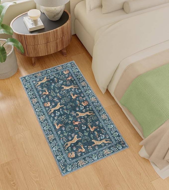 DUKINO 2x4 Rug for Entryway, Animal Washable Runner Rug for Kitchen, Blue | Non Slip, Low Pile, Stain Resistant Thin Indoor Carpet for Hallway, Bedroom, Bathroom, Laundry, Pet Friendly, Non-Shedding