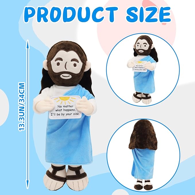 Inspirational Jesus Plush Stuffed Doll with Encouraging Words 13.4" Positive Jesus Plushie Soft Christian Toy Faith Comfort Gift for Kids Baptis Easter Christas (Blue)
