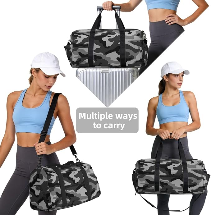Fiokroo Sports Gym Bag Camouflage Grey Travel Duffel Bag For Men Women With Shoe Compartment Water Resistant Gym Bag Carry On Duffel Bag For Weekend Traveling Yoga Gym Sports