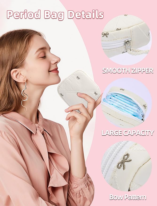 Period Bag for Girls, Quilted Period Pouch for Women, Sanitary Napkin Storage Bag Menstrual Pad Pouches Tampon Holder for Purse Pad Bag Gifts for Teen Girls(Beige)