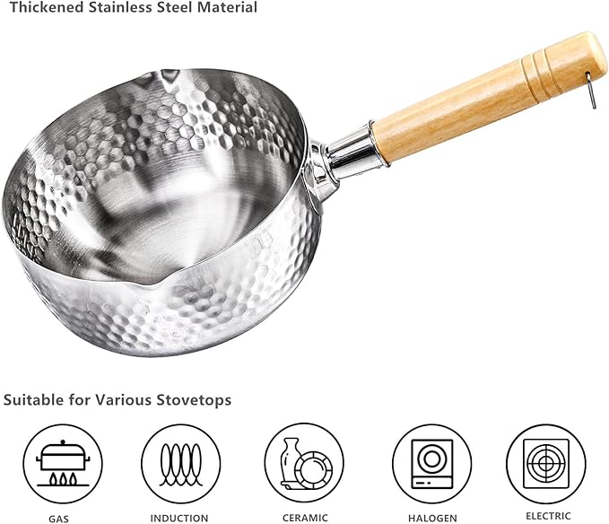 DEAYOU Stainless Steel Saucepan with Steamer, 1.2 Quart Yukihira Sauce Pan with Lid, Traditional Japanese Small Cooking Pot with Wood Handle and Two Side Spouts for Milk, Ramen, Soup, Tempura, 7"