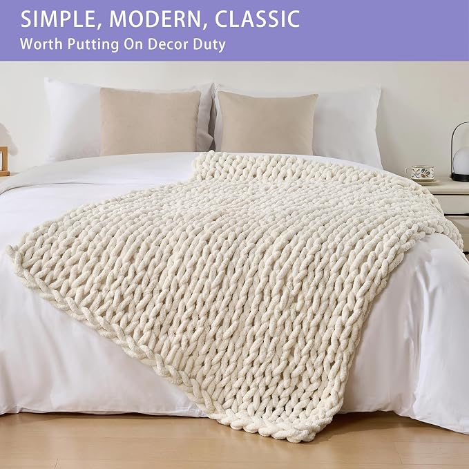 Bigacogo Chunky Knit Throw Blanket for Couch, 40x60 inches, Vintage White | Hand Knit with Jumbo Chenille, Soft Breathable Cable Knit for Sofa Bed Living Room, Machine Washable, Gift for Mom Friend