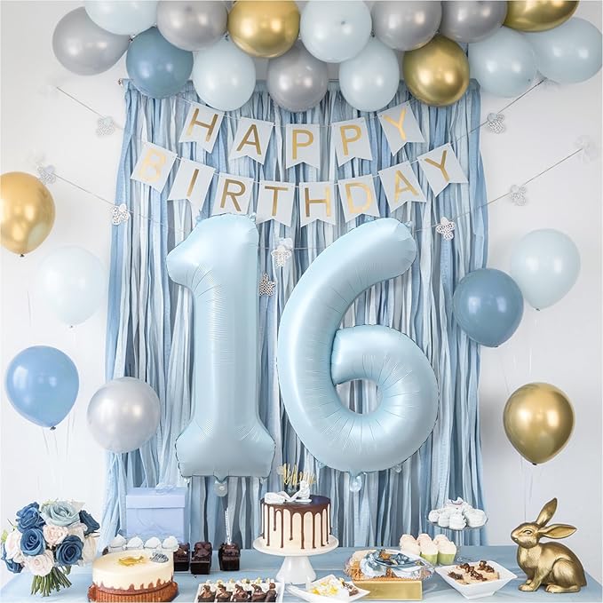 Big Number 16 Balloons, Light Matte Blue Foil 16 Balloon Numbers 40 Inch, Giant 16th Birthday Party Decor, Pastel Baby Powder Blue Mylar Self Inflating Balloon for Boys Men Anniversary Decorations