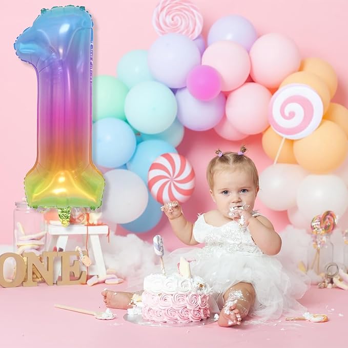 Big Number 1 Balloons, Rainbow Multicolor Foil 1 Balloon Numbers 40 Inch, Giant 1st Birthday Party Decor, Mylar Helium Self Inflating Colorful Jelly One Balloon for Girls Kids Baby Shower Decorations