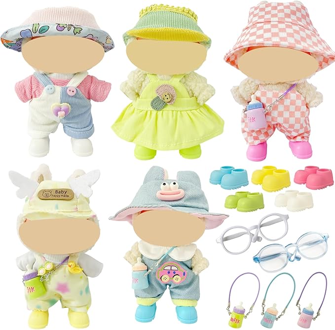 Macaron Style Doll Clothes Set for 17cm Plush Dolls, Include 5 Outfits with Hats, Shoes, Glasses and Mini Bags, Cute Dress Up Accessories for Doll Play and Display (No Dolls) (Macaron Style)