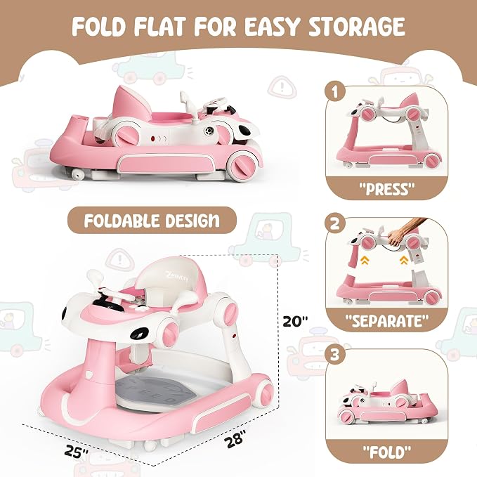 6 in 1 Foldable Baby Walker, Activity Baby Walker-Baby Bouncer, Rocker, Activity Center,Push Walker,Detachable Trampoline Mat, Adjustable Speed Rear Wheels and Height,Music & Lights,Ages 6-18 Months