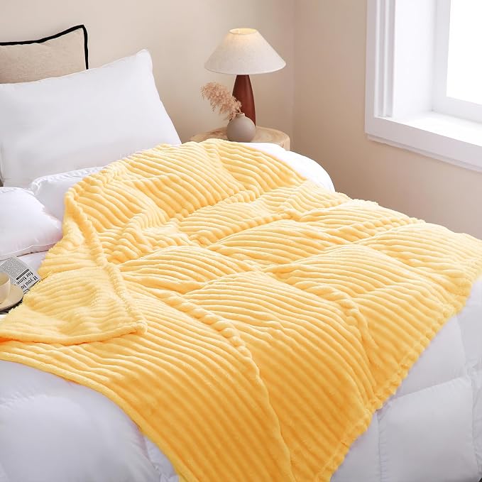 Light Yellow Fleece Throw Blanket 50”×60” for Couch Sofa Livingroom | Linecooo Super Soft Cozy Plush Microfiber Flannel Bed Blanket Striped Design Lightweight Home Decor Gifts for Adult Mom Women