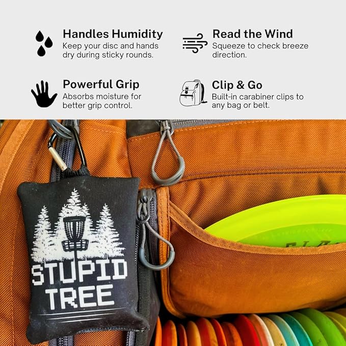 Disc Golf Grip Bag with Carabiner, Frisbee Disc Golf Grip Enhancer for All Skill Levels, Pre-Filled Chalk or Rosin Options – Black – Stupid Tree Design