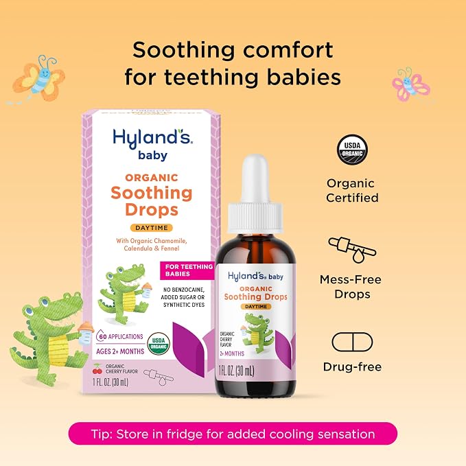Hyland's Daytime Baby Drops - 1 oz, Organic Cherry Flavor - Soothing Oral Discomfort Relief Drops for Teething Babies