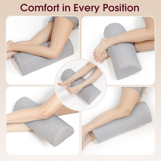 TranquilRelax Knee Pillow for Back Sleeping Memory Foam Half Moon Bolster Pillow for Legs, Under Knee Support, Ankle & Foot Comfort Orthopedic Pillow for Side Sleepers (Grey, 20.4" x 8" x 4.9")