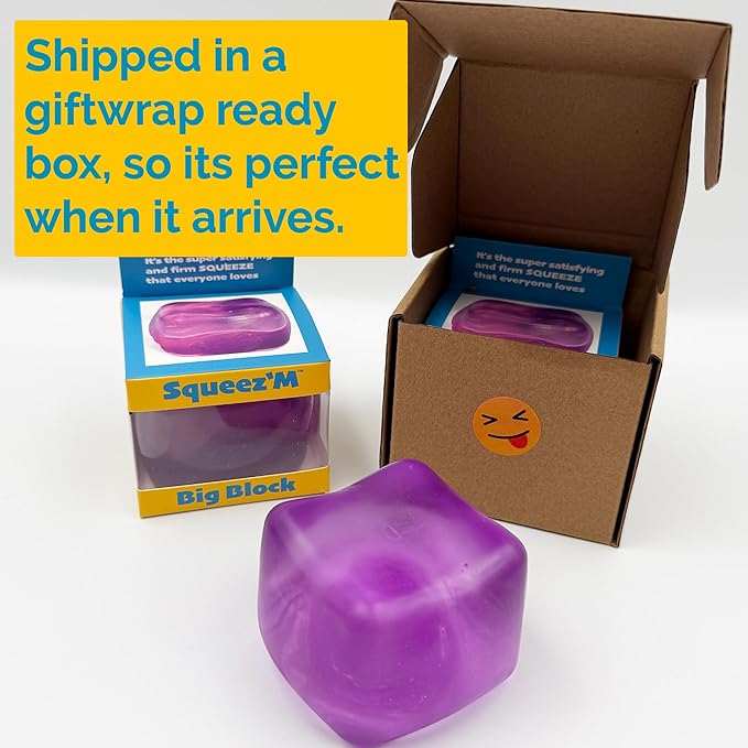 Premium Big Block Squeez'M Cube – 35% Larger Squishy Toy for Kids & Adults– Giftable for Unique Holiday, Birthday & Office Gift – Focus & Fun – US Brand & Instant Replace Policy, 3+(Purple Cube)