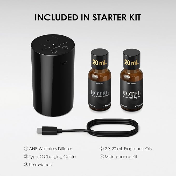 Airversa AN8 Waterless Essential Oil Diffuser Starter Kit, Black | 2X20 mL W+WST Hotel Scent Fragrance Oil, Up to 600 sq ft, Battery Operated, Portable for Home Car Office, AN8Kit-2x20-W