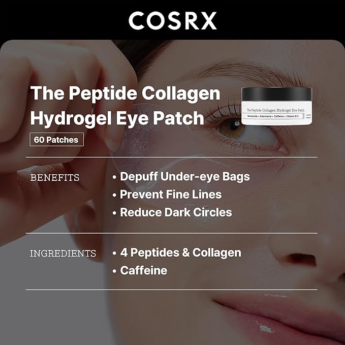 COSRX Peptide Collagen Hydrogel Eye Patch + Snail Mucin Peptide Under Eye Cream, Korean Skin Care