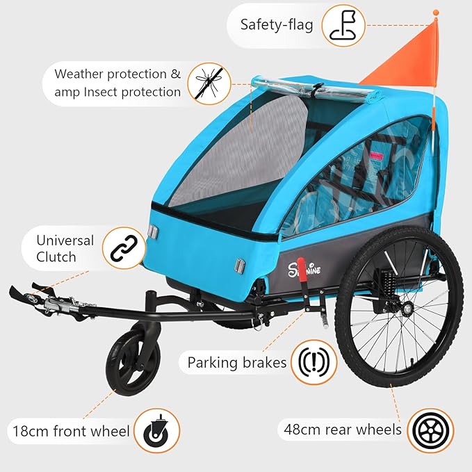 Sepnine 2-in-1 Kids Bike Trailer and Stroller with Suspension – Bike Trailer for 1 to 2 Children, Jogging Function, Foldable, 5-Point Harness, Spacious Storage, with Bug Screen and Weather Shield