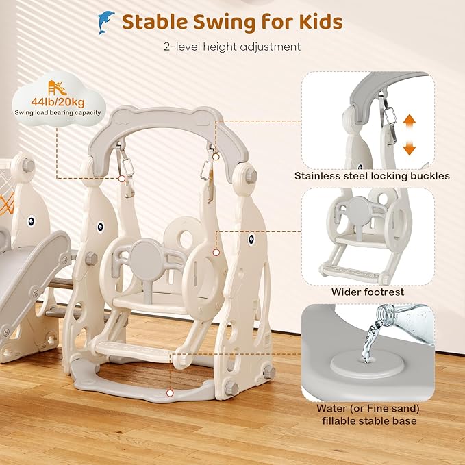 Toddler Slide, 4 in 1 Toddler Playset - Upgrade with Kids Slide, Swing, Basketball Hoop and Storage Space for Age 1-3, Indoor and Outdoor Playground